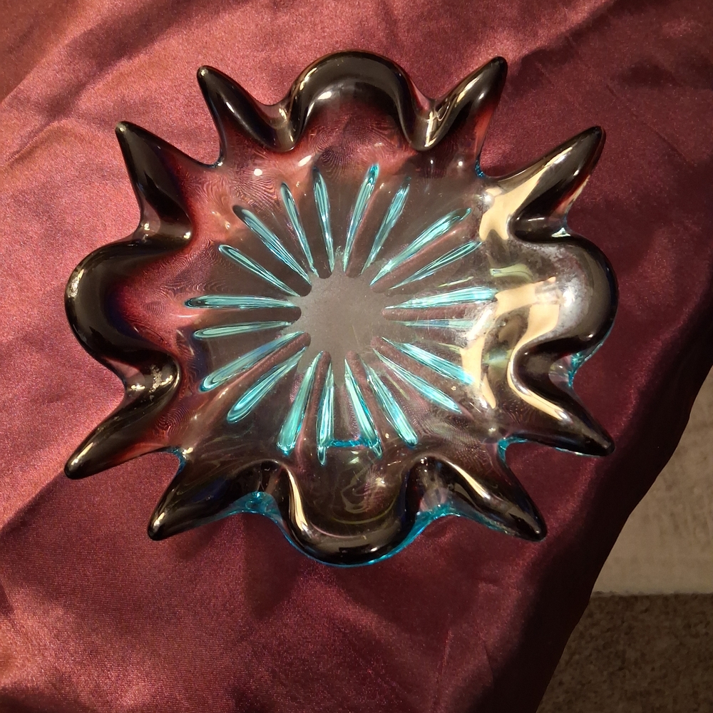 Elegant Murano Glass Art Bowl in Teal and Amethyst